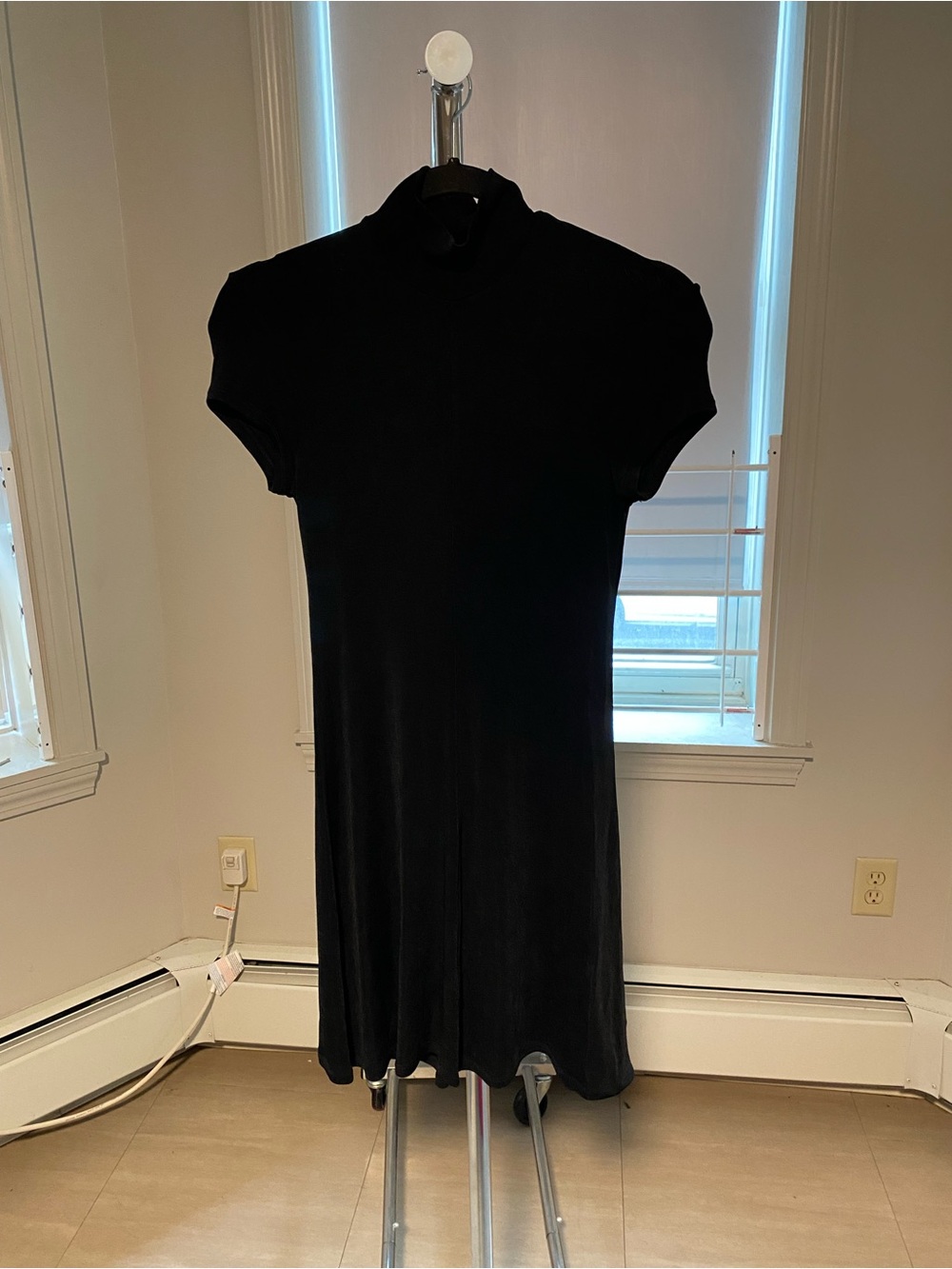 Classic Black Short-Sleeve Mock Neck Dress
